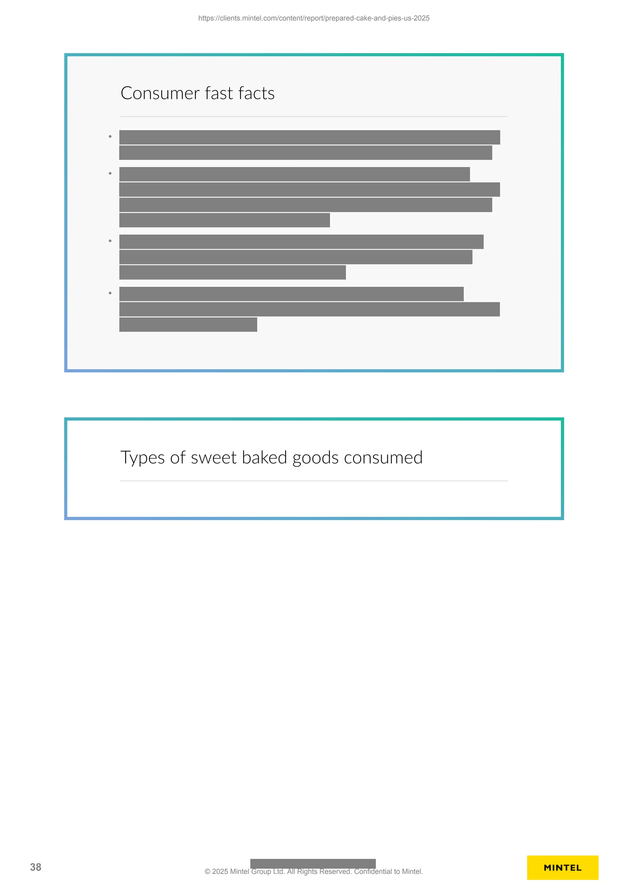 Consumer fast facts
•
•
•
•
Types of sweet baked goods consumed
https://clients.mintel.com/content/report/prepared-cake-and-pies-us-2025
38 © 2025 Mintel Group Ltd. All Rights Reserved. Confidential to Mintel.
 