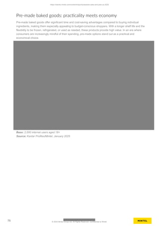 Pre-made baked goods: practicality meets economy
Pre-made baked goods offer significant time and cost-saving advantages compared to buying individual
ingredients, making them especially appealing to budget-conscious shoppers. With a longer shelf life and the
flexibility to be frozen, refrigerated, or used as needed, these products provide high value. In an era where
consumers are increasingly mindful of their spending, pre-made options stand out as a practical and
economical choice.
Base: 2,000 internet users aged 18+
Source: Kantar Profiles/Mintel, January 2025
https://clients.mintel.com/content/report/prepared-cake-and-pies-us-2025
75 © 2025 Mintel Group Ltd. All Rights Reserved. Confidential to Mintel.
 