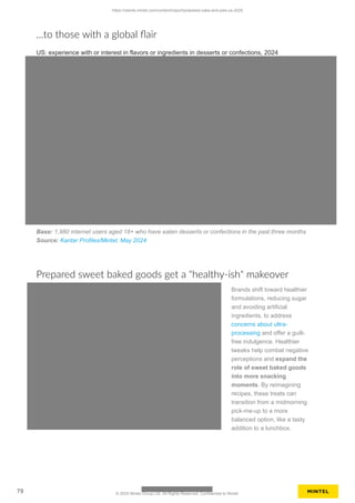 ...to those with a global flair
US: experience with or interest in flavors or ingredients in desserts or confections, 2024
Base: 1,980 internet users aged 18+ who have eaten desserts or confections in the past three months
Source: Kantar Profiles/Mintel, May 2024
Prepared sweet baked goods get a "healthy-ish" makeover
Brands shift toward healthier
formulations, reducing sugar
and avoiding artificial
ingredients, to address
concerns about ultra-
processing and offer a guilt-
free indulgence. Healthier
tweaks help combat negative
perceptions and expand the
role of sweet baked goods
into more snacking
moments. By reimagining
recipes, these treats can
transition from a midmorning
pick-me-up to a more
balanced option, like a tasty
addition to a lunchbox.
https://clients.mintel.com/content/report/prepared-cake-and-pies-us-2025
79 © 2025 Mintel Group Ltd. All Rights Reserved. Confidential to Mintel.
 