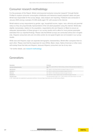 Consumer research methodology
For the purposes of this Report, Mintel commissioned exclusive consumer research* through Kantar
Profiles to explore consumer consumption of/attitudes and behaviors toward prepared cakes and pies.
Mintel was responsible for the survey design, data analysis and reporting. Fieldwork was conducted in
January 2025 among a sample of 2,000 adults aged 18+ with access to the internet.
Mintel selects survey respondents by gender, age, household income, region, race, ethnicity and parental
status so they are proportionally representative of the US adult population using the internet. Mintel also
slightly oversamples, relative to the population, respondents who are Hispanic or Black to ensure an
adequate representation of these groups in our survey results and to allow for more precise parameter
estimates from our reported findings. Please note that Mintel surveys are conducted online and in English
only. Hispanic consumers who are not online and/or do not speak English are not included in our survey
results.
While race and Hispanic origin are separate demographic characteristics, Mintel often compares them to
each other. Please note that the responses for race (White, Black, Asian, Native American or other race)
will overlap those that also are Hispanic, because Hispanic consumers can be of any race.
* for further details, see research methodology
Generations
Generation Overview
World War II/Swing Generation
Born 1928 or earlier (WWII) and 1929-45 (Swing), members of these generations are aged 80+ in
2025.
Baby Boomers Born 1946-64. In 2025, Baby Boomers are between the ages of 61 and 79.
Generation X Born 1965-79. In 2025, Gen Xers are between the ages of 46 and 60.
Millennials Born 1980-96. In 2025, Millennials are between the ages of 29 and 45.
Generation Z Born 1997-2010. In 2025, members of Gen Z are between the ages of 15 and 28.
Generation Alpha The newest generation began in 2011. In 2025, members of Gen Alpha are aged 14 and under.
In 2021, Mintel made minor adjustments to generational definitions; the size and age of each group may not match previous Reports
https://clients.mintel.com/content/report/prepared-cake-and-pies-us-2025
87 © 2025 Mintel Group Ltd. All Rights Reserved. Confidential to Mintel.
 