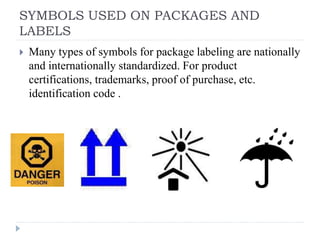 SYMBOLS USED ON PACKAGES AND
LABELS
 Many types of symbols for package labeling are nationally
and internationally standardized. For product
certifications, trademarks, proof of purchase, etc.
identification code .
This way up Keep away from sunlight Protect from
water
 
