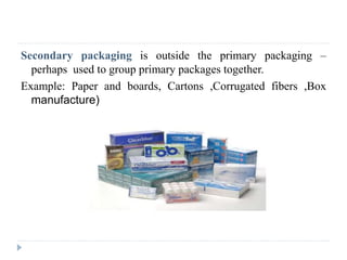 Secondary packaging is outside the primary packaging –
perhaps used to group primary packages together.
Example: Paper and boards, Cartons ,Corrugated fibers ,Box
manufacture)
 