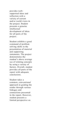 provides well-
supported ideas and
reflection with a
variety of current
and/or world views in
the project. Student
presents a genuine
intellectual
development of ideas
for all parts of the
project.
Student exhibits a good
command of problem
solving skills in the
presentation of material
and supporting
statements. The project
demonstrates the
student’s above average
use of relating concepts
by using a variety of
factors. Overall, student
provides all parts of the
report with adequate
conclusions.
Student takes a
common, conventional
approach in guiding the
reader through various
linkages and
connections presented
in the report. However,
student presents a
limited perspective on
 