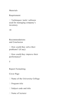 Materials
Requirement
used for managing company’s
inventory
10
Recommendations
and Conclusion
problems? (if any)
performance?
5
Report Formatting
Cover Page
Name of the University College
 