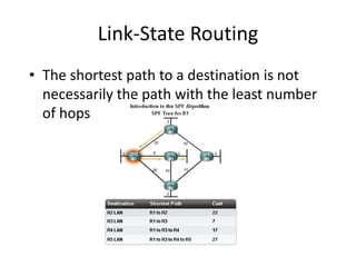 Link-State Routing
• The shortest path to a destination is not
necessarily the path with the least number
of hops
 