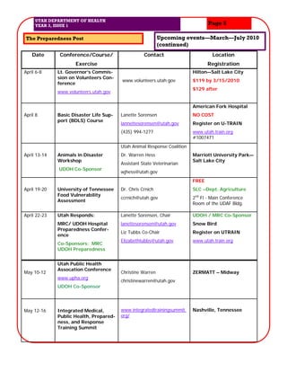 UTAH DEPARTMENT OF HEALTH
     YEAR 3, ISSUE 1                                                             Page 5

The Preparedness Post                                       Upcoming events—March—July 2010
                                                            (continued)
    Date      Conference/Course/                    Contact                        Location
                     Exercise                                                    Registration
April 6-8     Lt. Governor’s Commis-                                      Hilton—Salt Lake City
              sion on Volunteers Con-
                                         www.volunteers.utah.gov          $119 by 3/15/2010
              ference
                                                                          $129 after
              www.volunteers.utah.gov


                                                                          American Fork Hospital
April 8       Basic Disaster Life Sup-   Lanette Sorensen                 NO COST
              port (BDLS) Course
                                         lannettesorensen@utah.gov        Register on U-TRAIN
                                         (435) 994-1277                   www.utah.train.org
                                                                          #1007471
                                         Utah Animal Response Coalition
April 13-14   Animals in Disaster        Dr. Warren Hess                  Marriott University Park—
              Workshop                                                    Salt Lake City
                                         Assistant State Veterinarian
              UDOH Co-Sponsor
                                         wjhess@utah.gov
                                                                          FREE
April 19-20   University of Tennessee    Dr. Chris Crnich                 SLC –Dept. Agriculture
              Food Vulnerability
                                         ccrnich@utah.gov                 2nd Fl - Main Conference
              Assessment
                                                                          Room of the UDAF Bldg.

April 22-23   Utah Responds:             Lanette Sorensen, Chair          UDOH / MRC Co-Sponsor
              MRC/ UDOH Hospital         lanettesorensen@utah.gov         Snow Bird
              Preparedness Confer-
                                         Liz Tubbs Co-Chair               Register on UTRAIN
              ence
                                         Elizabethtubbs@utah.gov          www.utah.train.org
              Co-Sponsors: MRC
              UDOH Preparedness


              Utah Public Health
              Assocation Conference
May 10-12                                Christine Warren                 ZERMATT – Midway
              www.upha.org
                                         christinewarren@utah.gov
              UDOH Co-Sponsor




May 12-16     Integrated Medical,        www.integratedtrainingsummit.    Nashville, Tennessee
              Public Health, Prepared-   org/
              ness, and Response
              Training Summit
 