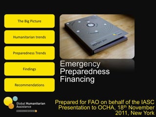 The Big Picture



Humanitarian trends



Preparedness Trends



     Findings
                       Emergency
                       Preparedness
                       Financing
Recommendations



                      Prepared for FAO on behalf of the IASC
                       Presentation to OCHA, 18th November
                                            2011, New York
 