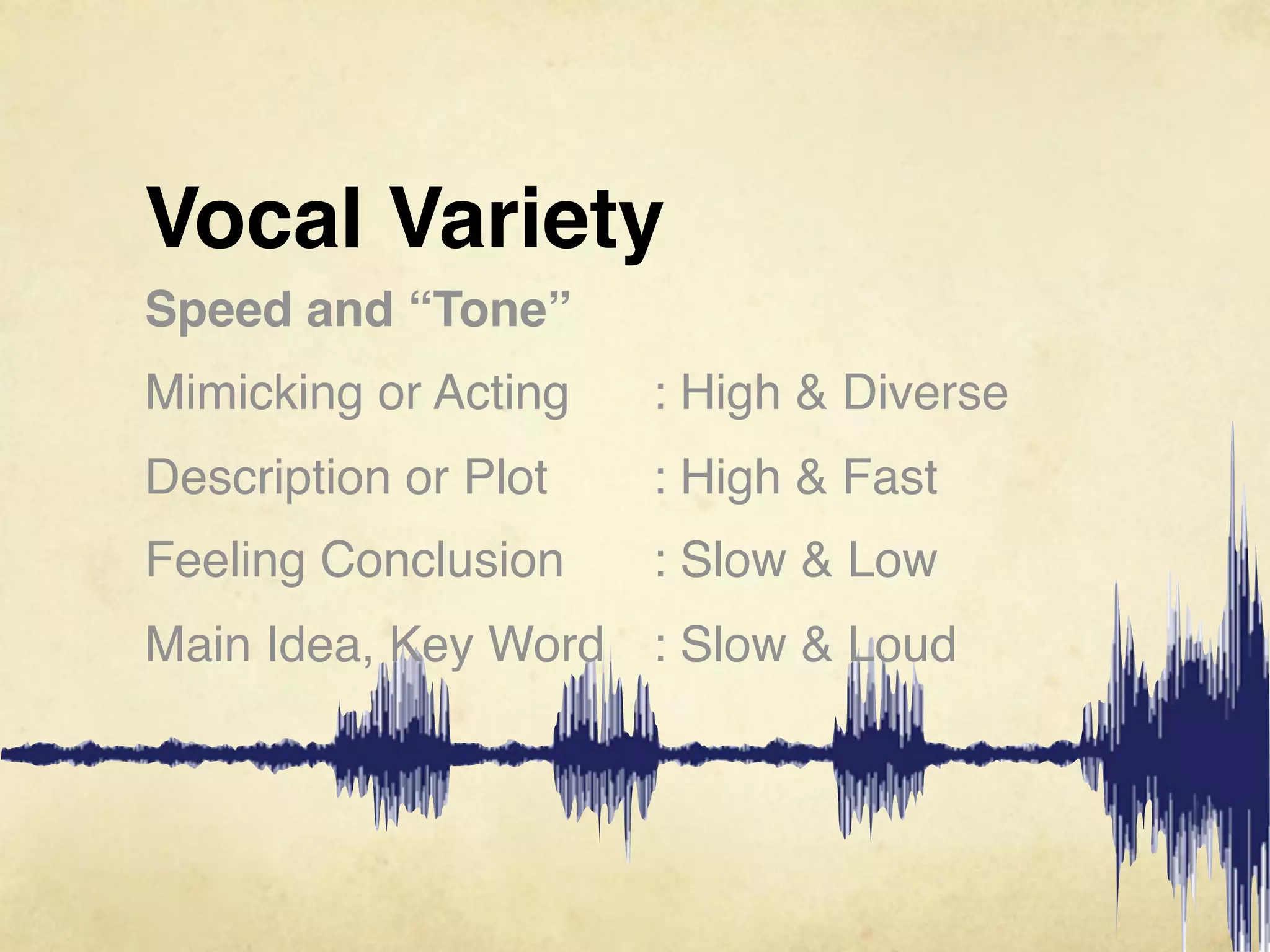 Vocal Variety
Speed and “Tone”
Mimicking or Acting!!    : High & Diverse
Description or Plot! !   : High & Fast
Feeling Conclusion! !    : Slow & Low
Main Idea, Key Word! : Slow & Loud
 
