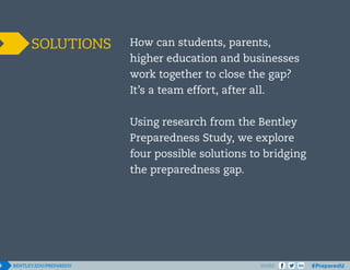 SOLUTIONS

How can students, parents,
higher education and businesses
work together to close the gap?
It’s a team effort, after all.
Using research from the Bentley
Preparedness Study, we explore
four possible solutions to bridging
the preparedness gap.

SHARE

 