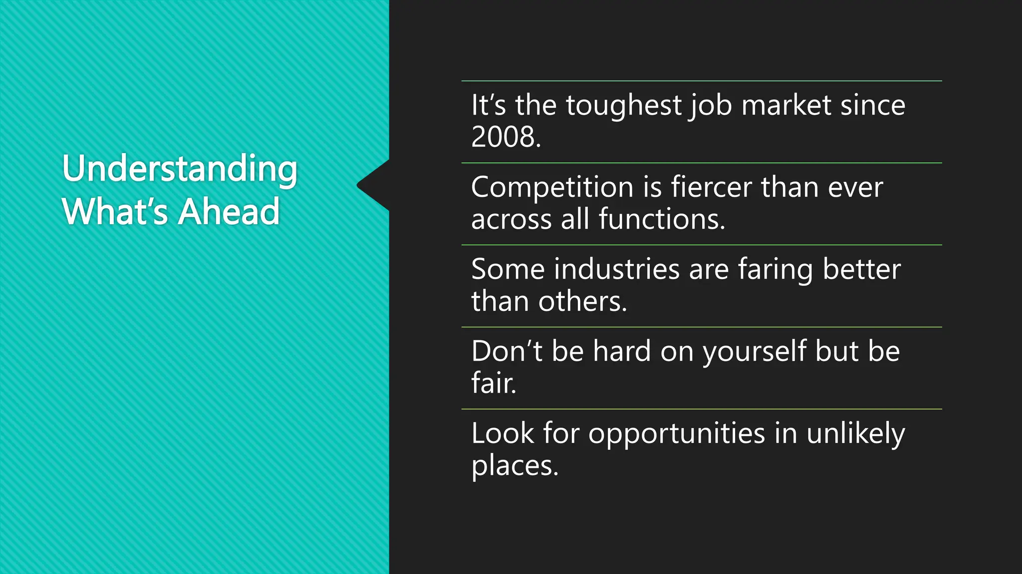 Understanding
What’s Ahead
It’s the toughest job market since
2008.
Competition is fiercer than ever
across all functions.
Some industries are faring better
than others.
Don’t be hard on yourself but be
fair.
Look for opportunities in unlikely
places.
 