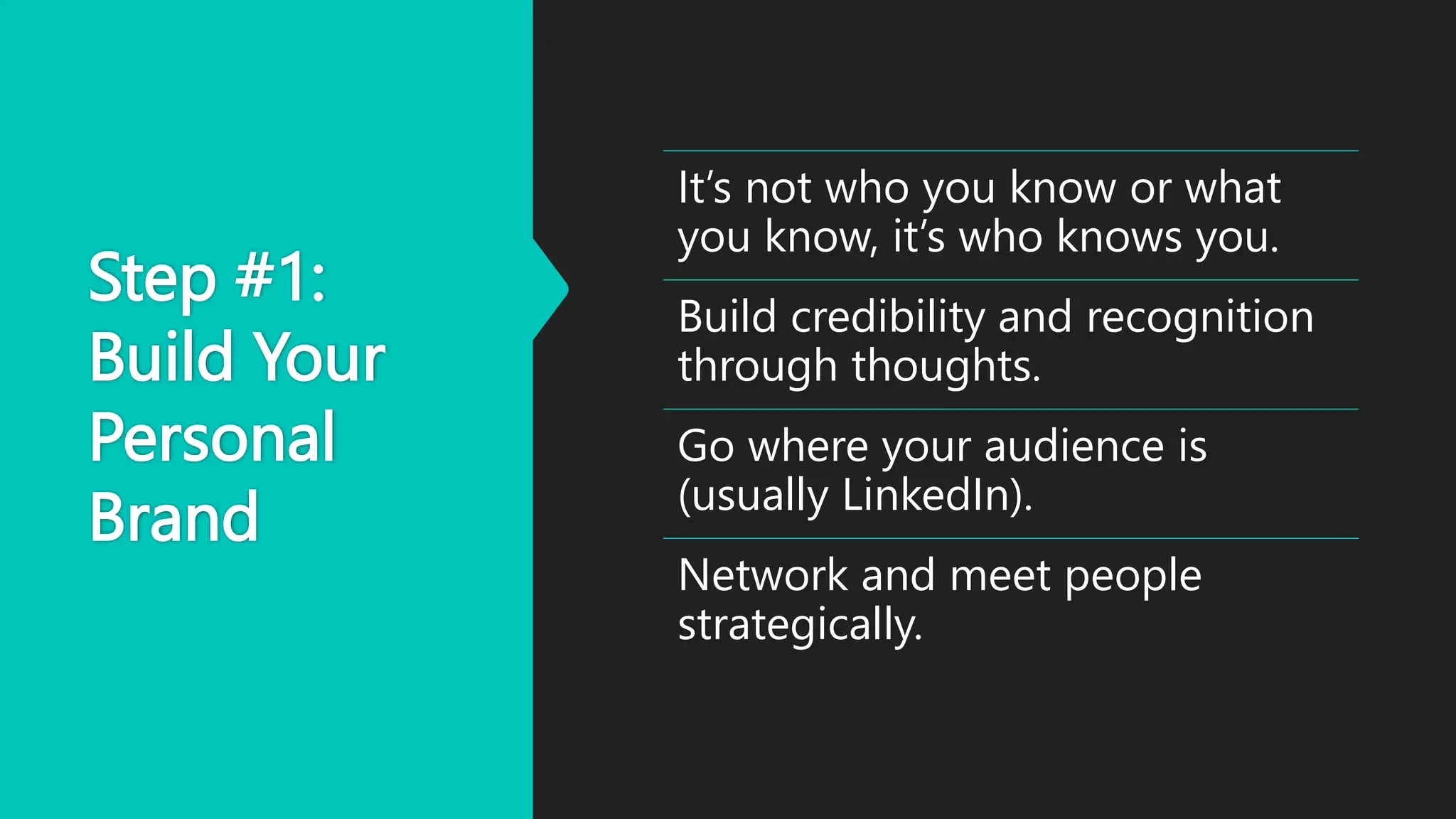 Step #1:
Build Your
Personal
Brand
It’s not who you know or what
you know, it’s who knows you.
Build credibility and recognition
through thoughts.
Go where your audience is
(usually LinkedIn).
Network and meet people
strategically.
 
