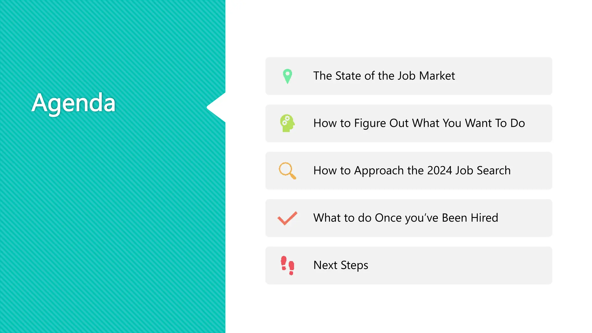 Agenda
The State of the Job Market
How to Figure Out What You Want To Do
How to Approach the 2024 Job Search
What to do Once you’ve Been Hired
Next Steps
 
