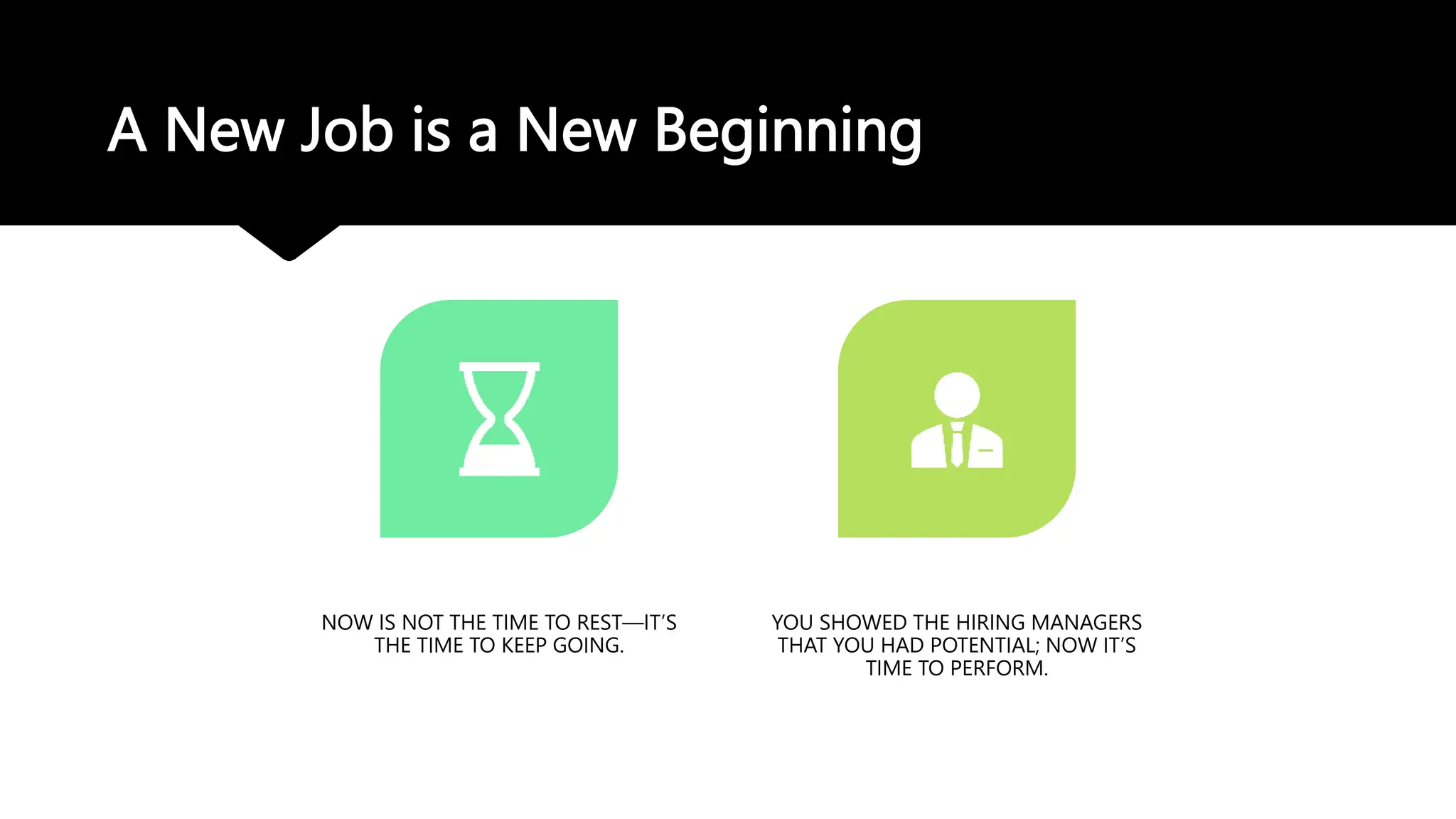A New Job is a New Beginning
NOW IS NOT THE TIME TO REST—IT’S
THE TIME TO KEEP GOING.
YOU SHOWED THE HIRING MANAGERS
THAT YOU HAD POTENTIAL; NOW IT’S
TIME TO PERFORM.
 