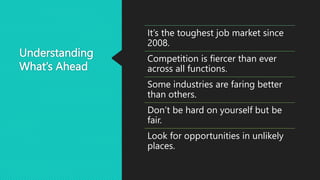 Understanding
What’s Ahead
It’s the toughest job market since
2008.
Competition is fiercer than ever
across all functions.
Some industries are faring better
than others.
Don’t be hard on yourself but be
fair.
Look for opportunities in unlikely
places.
 