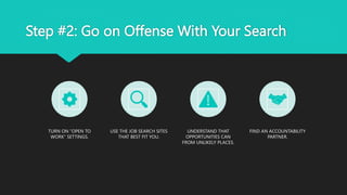 Step #2: Go on Offense With Your Search
TURN ON ”OPEN TO
WORK” SETTINGS.
USE THE JOB SEARCH SITES
THAT BEST FIT YOU.
UNDERSTAND THAT
OPPORTUNITIES CAN
FROM UNLIKELY PLACES.
FIND AN ACCOUNTABILITY
PARTNER.
 