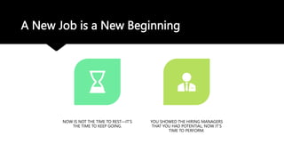 A New Job is a New Beginning
NOW IS NOT THE TIME TO REST—IT’S
THE TIME TO KEEP GOING.
YOU SHOWED THE HIRING MANAGERS
THAT YOU HAD POTENTIAL; NOW IT’S
TIME TO PERFORM.
 