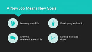A New Job Means New Goals
Learning new skills Developing leadership
Growing
communications skills
Earning increased
duties
 