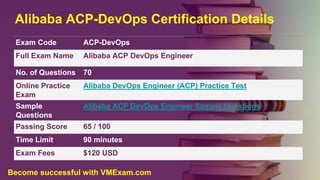 Alibaba ACP-DevOps Certification Details
Exam Code ACP-DevOps
Full Exam Name Alibaba ACP DevOps Engineer
No. of Questions 70
Online Practice
Exam
Alibaba DevOps Engineer (ACP) Practice Test
Sample
Questions
Alibaba ACP DevOps Engineer Sample Questions
Passing Score 65 / 100
Time Limit 90 minutes
Exam Fees $120 USD
Become successful with VMExam.com
 