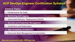ACP DevOps Engineer Certification Syllabus
Syllabus Topics
● Infrastructure As Code
● Monitoring and Logging
● Automated Delivery / Deployment (CI/CD)
● Security and Credentials Management
● Containers and Kubernetes
● High Availability Architecture
● Event and Alert Management & Automation
Become successful with VMExam.com
 