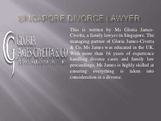 This is written by Ms Gloria James-
Civetta, a family lawyer in Singapore. The
managing partner of Gloria James-Civetta
& Co, Ms James was educated in the UK.
With more than 16 years of experience
handling divorce cases and family law
proceedings, Ms James is highly skilled at
ensuring everything is taken into
consideration in a divorce.
 