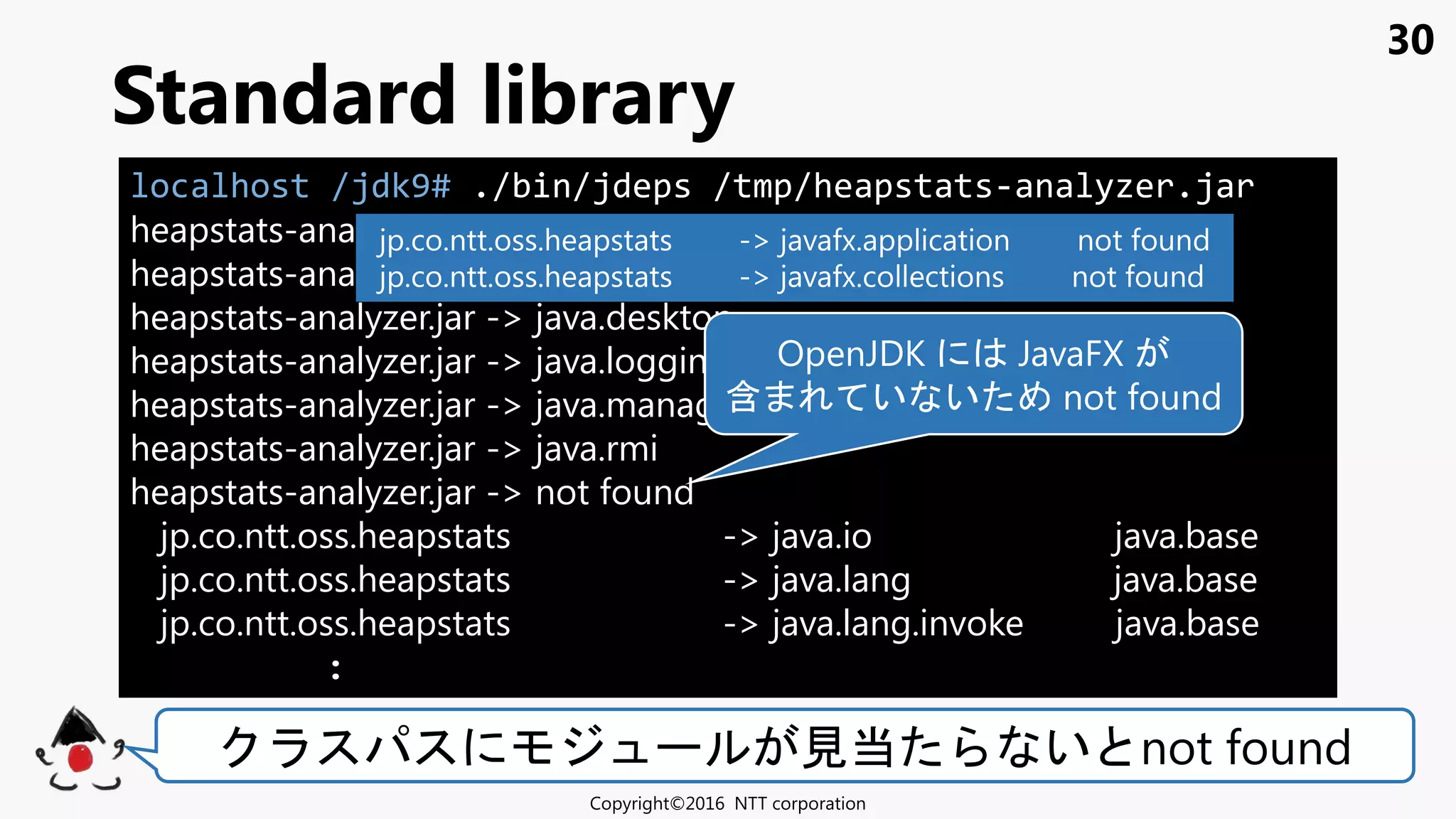 30
Standard library
Copyright©2016 NTT corporation
見当 い not found
localhost /jdk9# ./bin/jdeps /tmp/heapstats-analyzer.jar
heapstats-analyzer.jar -> java.base
heapstats-analyzer.jar -> java.datatransfer
heapstats-analyzer.jar -> java.desktop
heapstats-analyzer.jar -> java.logging
heapstats-analyzer.jar -> java.management
heapstats-analyzer.jar -> java.rmi
heapstats-analyzer.jar -> not found
jp.co.ntt.oss.heapstats -> java.io java.base
jp.co.ntt.oss.heapstats -> java.lang java.base
jp.co.ntt.oss.heapstats -> java.lang.invoke java.base
:
OpenJDK JavaFX
含 い い not found
jp.co.ntt.oss.heapstats -> javafx.application not found
jp.co.ntt.oss.heapstats -> javafx.collections not found
 