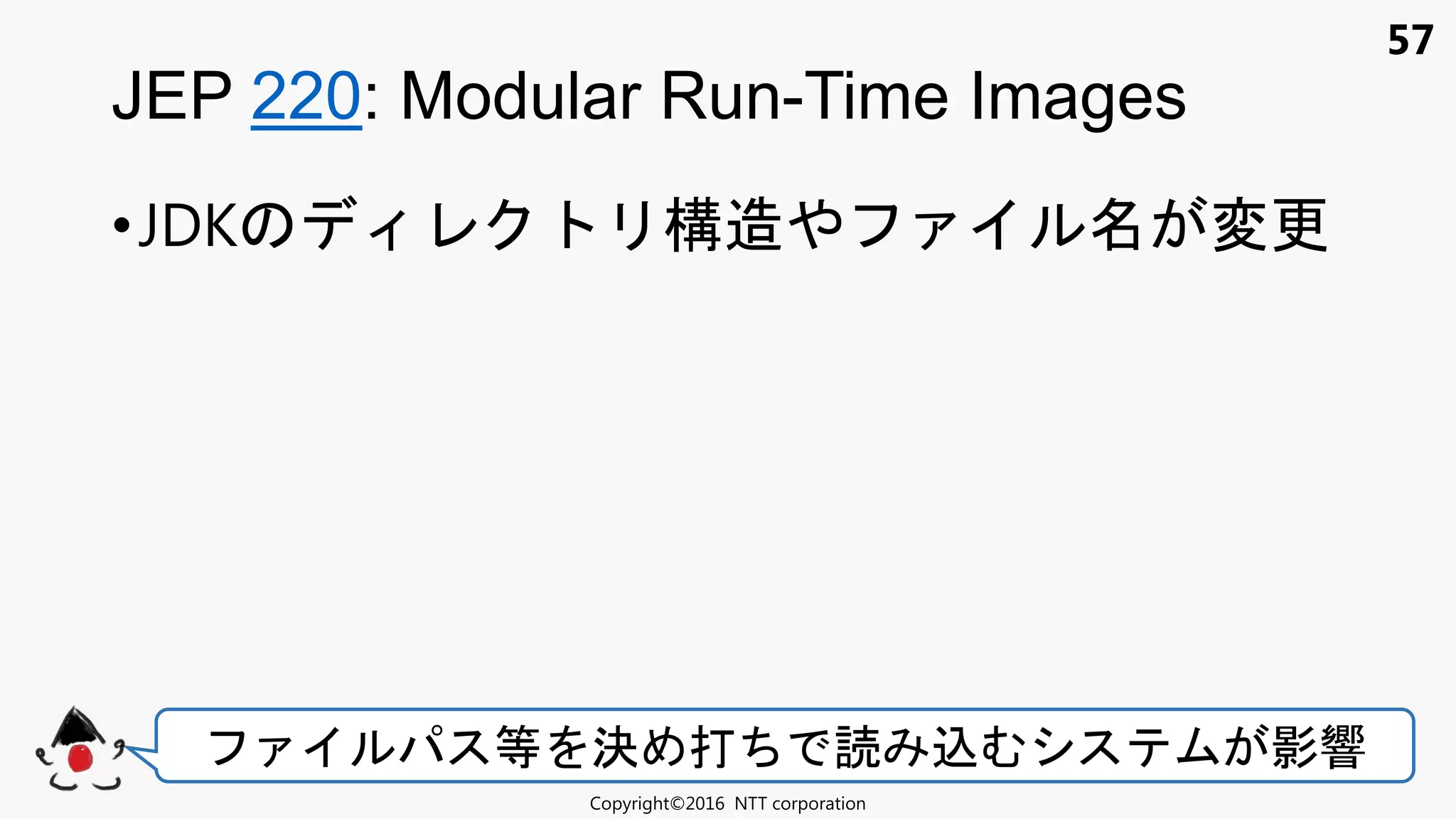 57
•JDK 構造 変更
JEP 220: Modular Run-Time Images
Copyright©2016 NTT corporation
等 決 打 込 影響
 