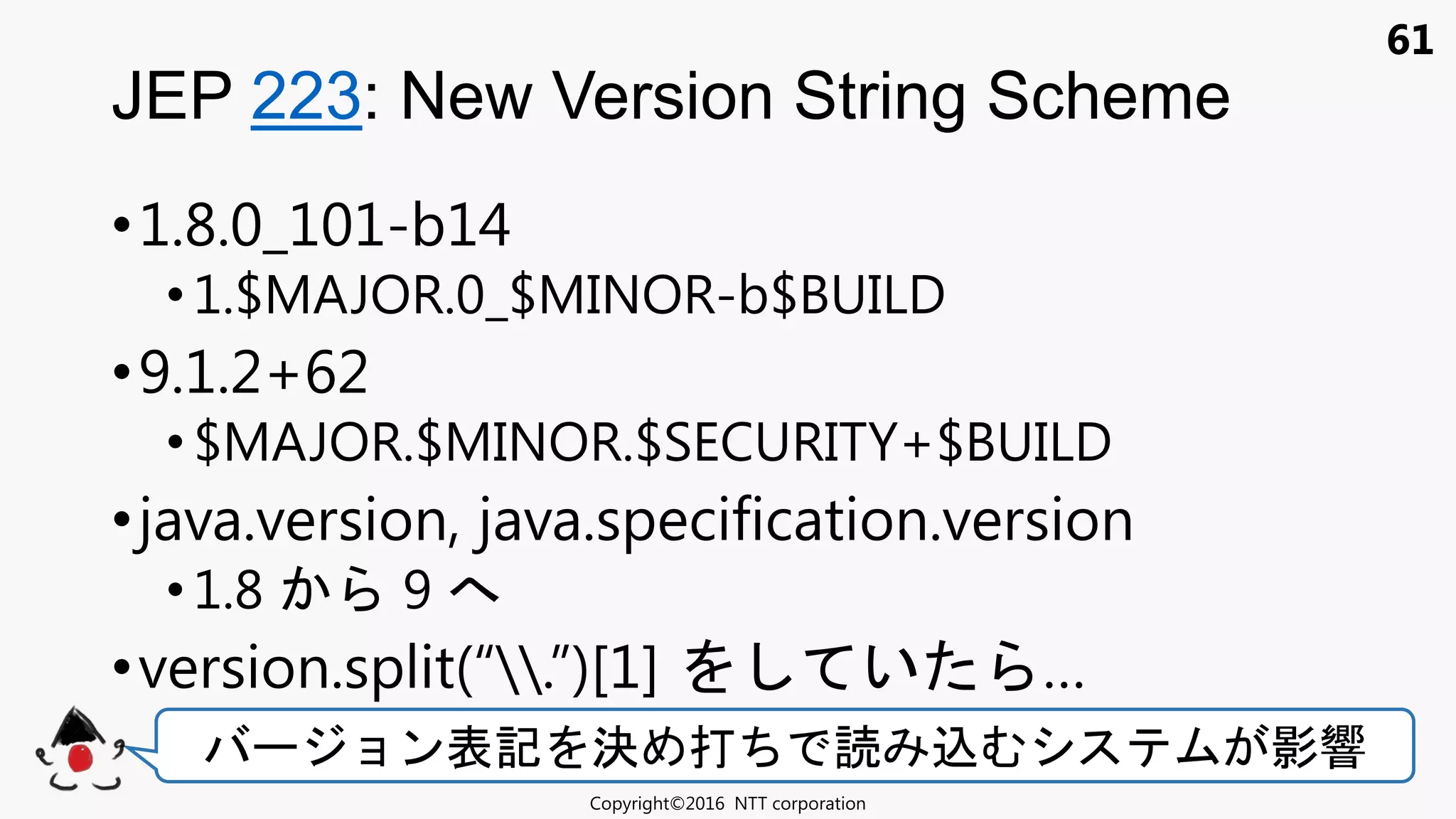61
•1.8.0_101-b14
• 1.$MAJOR.0_$MINOR-b$BUILD
•9.1.2+62
• $MAJOR.$MINOR.$SECURITY+$BUILD
•java.version, java.specification.version
•1.8 9
•version.split(“.”)[1] い …
JEP 223: New Version String Scheme
Copyright©2016 NTT corporation
ョン表記 決 打 込 影響
 