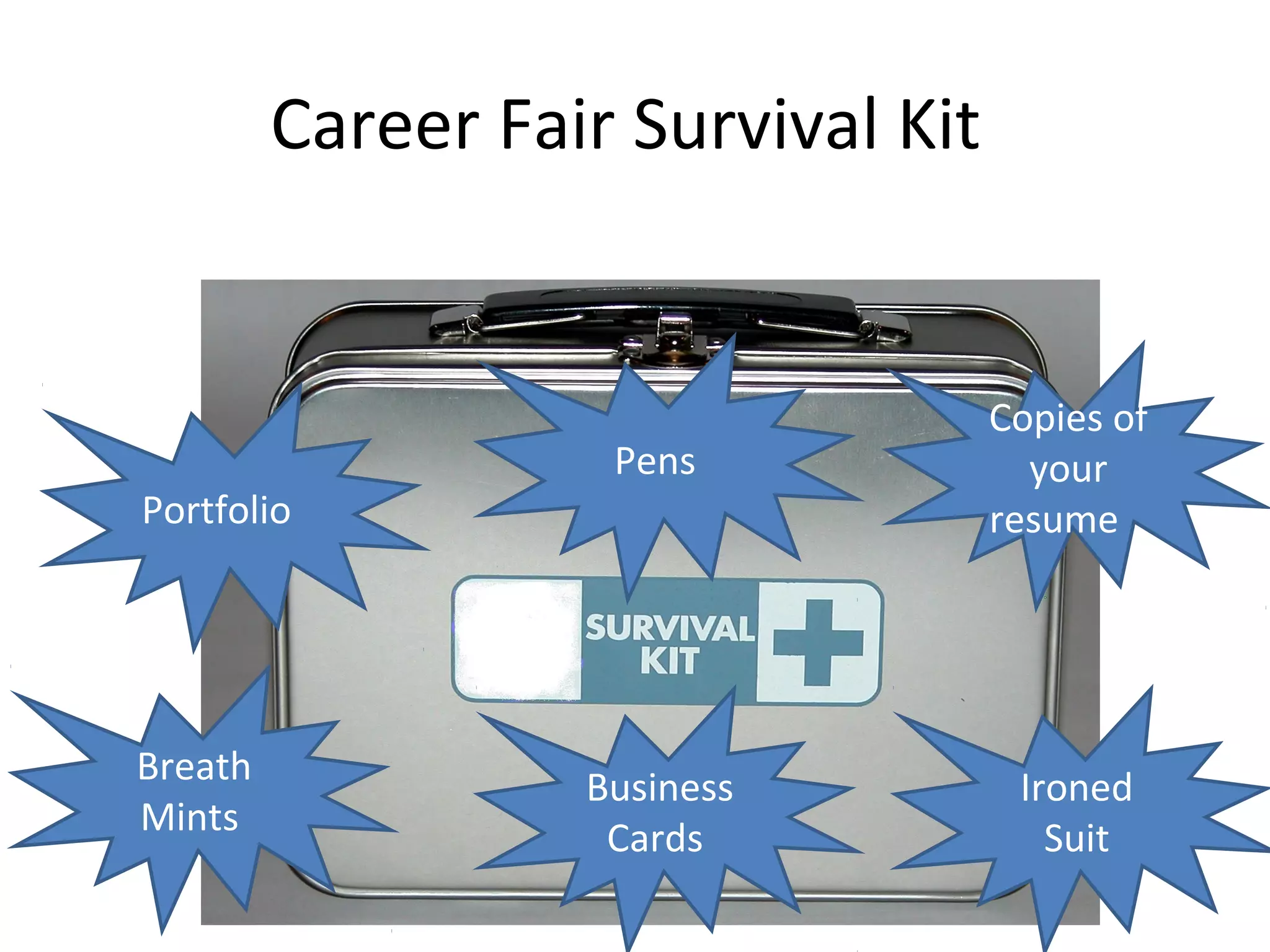 Career Fair Survival Kit 
Portfolio 
Copies of 
your 
resume 
Breath 
Mints 
Ironed 
Suit 
Pens 
Business 
Cards 
 