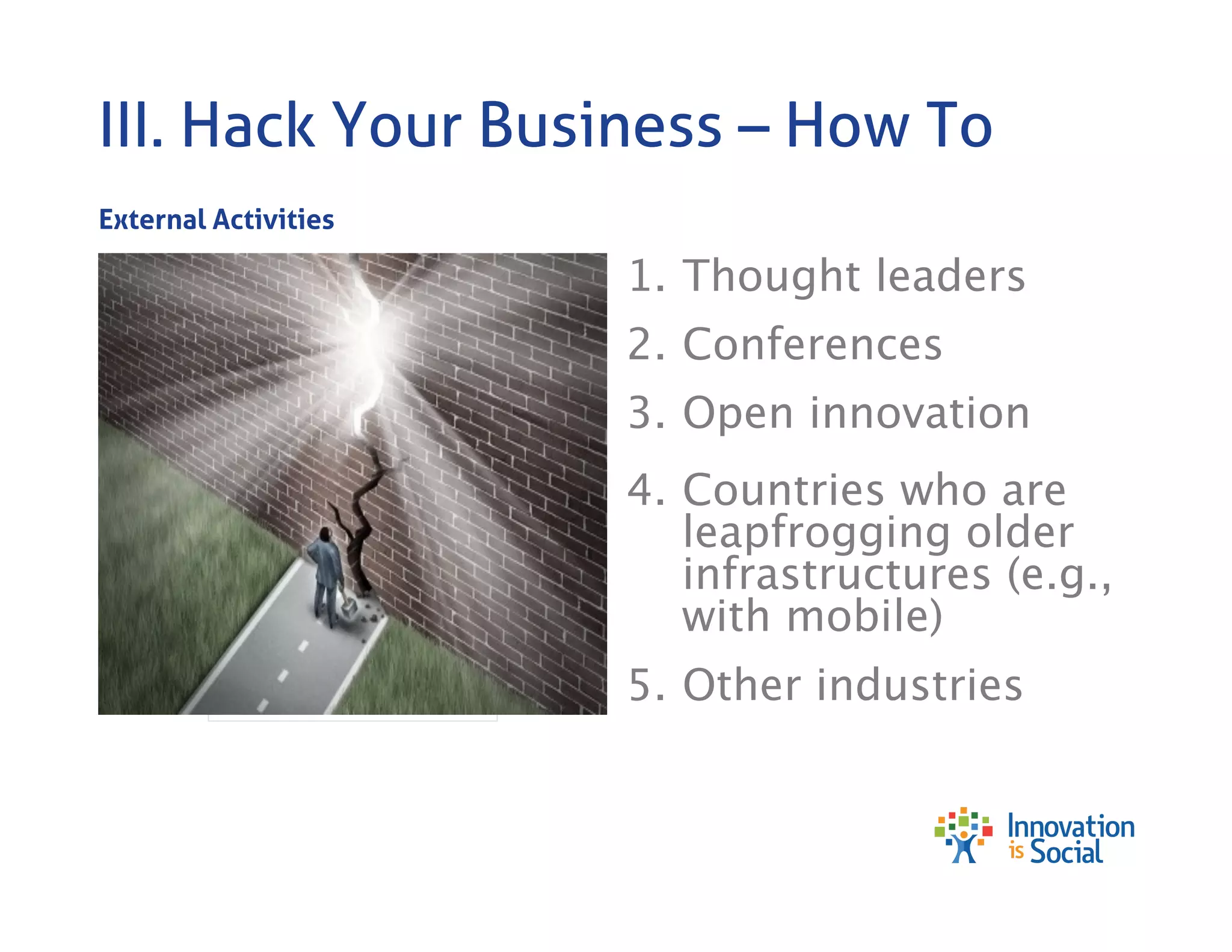 III. Hack Your Business – How To
External Activities

1.  Thought leaders
2.  Conferences
3.  Open innovation
4.  Countries who are
leapfrogging older
infrastructures (e.g.,
with mobile)
5.  Other industries

 