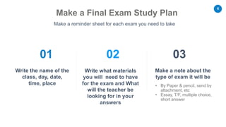 6
Write what materials
you will need to have
for the exam and What
will the teacher be
looking for in your
answers
Write the name of the
class, day, date,
time, place
Make a Final Exam Study Plan
Make a reminder sheet for each exam you need to take
Make a note about the
type of exam it will be
• By Paper & pencil, send by
attachment, etc
• Essay, T/F, multiple choice,
short answer
0201 03
 