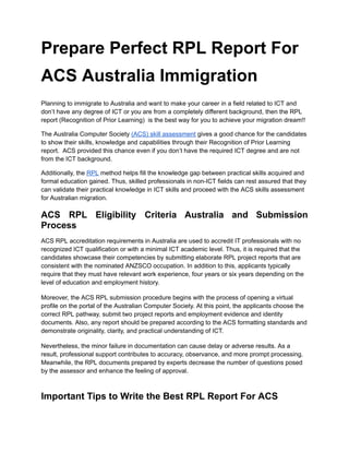 Prepare Perfect RPL Report For ACS Australia Immigration | PDF