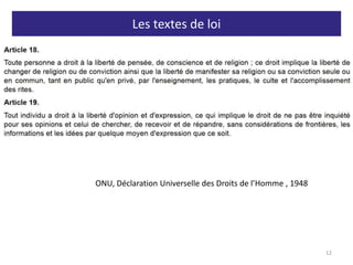 Les textes de loi
ONU, Déclaration Universelle des Droits de l’Homme , 1948
12
 