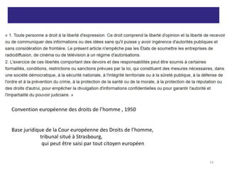 Convention européenne des droits de l’homme , 1950
Base juridique de la Cour européenne des Droits de l’homme,
tribunal situé à Strasbourg,
qui peut être saisi par tout citoyen européen
14
 