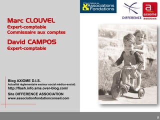 Marc CLOUVEL

Expert-comptable
Commissaire aux comptes

David CAMPOS
Expert-comptable

Blog AXIOME D.I.S.
Actualité règlementaire secteur social médico-social)

http://flash.info.sms.over-blog.com/
Site DIFFERENCE ASSOCIATION
www.associationfondationconseil.com

2

 