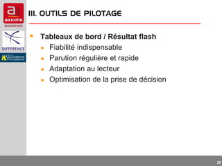 III. OUTILS DE PILOTAGE

 Tableaux de bord / Résultat flash
●
●
●
●

Fiabilité indispensable
Parution régulière et rapide
Adaptation au lecteur
Optimisation de la prise de décision

21

 