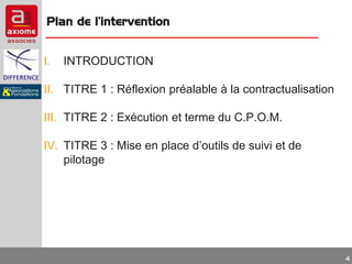 Plan de l’intervention
I.

INTRODUCTION

II. TITRE 1 : Réflexion préalable à la contractualisation
III. TITRE 2 : Exécution et terme du C.P.O.M.
IV. TITRE 3 : Mise en place d’outils de suivi et de
pilotage

4

 