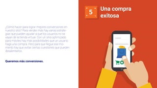 5
Una compra
exitosa
¿Cómo hacer para lograr mejores conversiones en
nuestro sitio? Para vender más hay varias estrate-
gias que pueden ayudar a que los usuarios no se
vayan de la tienda virtual. Con un sitio optimizado
para móviles hay más posibilidades que un usuario
haga una compra. Pero para que llegue ese mo-
mento hay que evitar ciertas cuestiones que pueden
desalentarlos.
Queremos más conversiones.
 