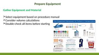 Prepare Equipment
Gather Equipment and Material
Select equipment based on procedure manual
Consider volume calculations
Double-check all items before starting
 