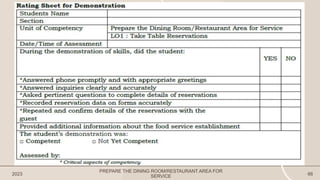 2023 66
PREPARE THE DINING ROOM/RESTAURANT AREA FOR
SERVICE
 