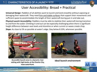 PREPARE TO LAUNCH!
1
river-management.org
nps.gov/rtca
CHARACTERISTICS OF A LAUNCH SITEUpdated – April 2018
User Accessibility: Broad + Practical
Universal Design: Paddlers of all abilities want to launch and land smoothly without capsizing or
damaging their watercraft. They need firm and stable surfaces that support their movements and
sufficient space to accommodate the length of their watercraft during put-in and take-out.
Physical Launch Accessibility: Paddlers must be able to stabilize their watercraft during transition
to and from the water. Climbing in and out can be especially challenging when there is significant
height difference between seat levels and shoreline or when current or waves create chop.
Slope: As close to 5% as possible at water’s edge. Stay below 8.33%, whenever possible.
10
Accessible launch area in a dynamic river
setting with high banks at the Charles City,
Iowa waterfront.
Ideal launch environment
 