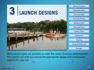 PREPARE TO LAUNCH!
3
river-management.org
nps.gov/rtca
LAUNCH DESIGN TYPES Updated – April 2018
Docks / Piers
Concrete Stairs
Geotextile Mats
Concrete Mats
Natural Surfaces
Wooden Stairs
Floating
Concrete Ramps
Cantilevers
Elevated Walkways
Portages
Many launch types are available to meet the needs of various environments.
This section can help you choose the appropriate design and construction
method for your site.
113
Updated – April 2018
 