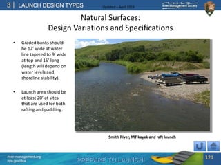 PREPARE TO LAUNCH!
3
river-management.org
nps.gov/rtca
LAUNCH DESIGN TYPES Updated – April 2018
Natural Surfaces:
Design Variations and Specifications
• Graded banks should
be 12’ wide at water
line tapered to 9’ wide
at top and 15’ long
(length will depend on
water levels and
shoreline stability).
• Launch area should be
at least 20’ at sites
that are used for both
rafting and paddling.
121
Smith River, MT kayak and raft launch
 
