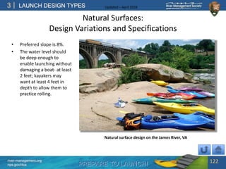 PREPARE TO LAUNCH!
3
river-management.org
nps.gov/rtca
LAUNCH DESIGN TYPES Updated – April 2018
Natural Surfaces:
Design Variations and Specifications
• Preferred slope is 8%.
• The water level should
be deep enough to
enable launching without
damaging a boat- at least
2 feet; kayakers may
want at least 4 feet in
depth to allow them to
practice rolling.
122
Natural surface design on the James River, VA
 