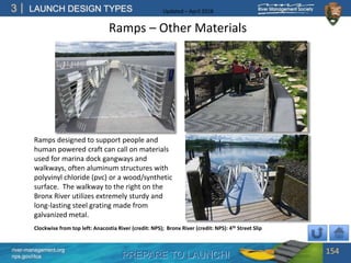 PREPARE TO LAUNCH!
3
river-management.org
nps.gov/rtca
LAUNCH DESIGN TYPES Updated – April 2018
Ramps designed to support people and
human powered craft can call on materials
used for marina dock gangways and
walkways, often aluminum structures with
polyvinyl chloride (pvc) or a wood/synthetic
surface. The walkway to the right on the
Bronx River utilizes extremely sturdy and
long-lasting steel grating made from
galvanized metal.
Ramps – Other Materials
154
Clockwise from top left: Anacostia River (credit: NPS); Bronx River (credit: NPS): 4th Street Slip
 