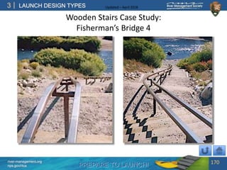 PREPARE TO LAUNCH!
3
river-management.org
nps.gov/rtca
LAUNCH DESIGN TYPES Updated – April 2018
Wooden Stairs Case Study:
Fisherman’s Bridge 4
170
 