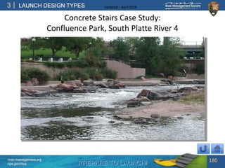PREPARE TO LAUNCH!
3
river-management.org
nps.gov/rtca
LAUNCH DESIGN TYPES Updated – April 2018
Concrete Stairs Case Study:
Confluence Park, South Platte River 4
180
 