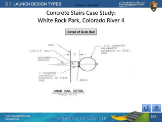 PREPARE TO LAUNCH!
3
river-management.org
nps.gov/rtca
LAUNCH DESIGN TYPES Updated – April 2018
Concrete Stairs Case Study:
White Rock Park, Colorado River 4
184
Detail of Grab Rail
 
