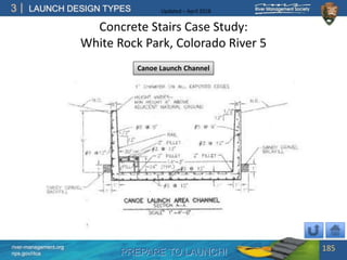 PREPARE TO LAUNCH!
3
river-management.org
nps.gov/rtca
LAUNCH DESIGN TYPES Updated – April 2018
Concrete Stairs Case Study:
White Rock Park, Colorado River 5
185
Canoe Launch Channel
 