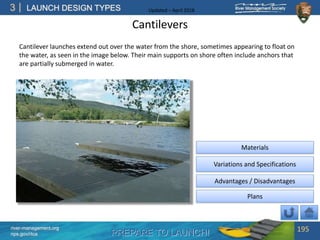 PREPARE TO LAUNCH!
3
river-management.org
nps.gov/rtca
LAUNCH DESIGN TYPES Updated – April 2018
Cantilevers
Cantilever launches extend out over the water from the shore, sometimes appearing to float on
the water, as seen in the image below. Their main supports on shore often include anchors that
are partially submerged in water.
195
Advantages / Disadvantages
Materials
Variations and Specifications
Plans
 