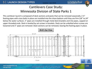 PREPARE TO LAUNCH!
3
river-management.org
nps.gov/rtca
LAUNCH DESIGN TYPES Updated – April 2018
Cantilevers Case Study:
Minnesota Division of State Parks 1
199
This cantilever launch is composed of deck sections and posts that can be removed seasonally. 2 ½”
footing pipes with cross bolts in place are installed into the shore bottom until they are firm (18” to 24”
below the water surface). 2” pipes are installed through metal deck brackets and into pipes, capped on
upper threaded ends. Deck is leveled by set screws in brackets. Dock can be unbolted when screws are
loosened and 2” pipes are removed. Dock sections can be removed, leaving the footing pipes in place.
Bird’s Eye View
 